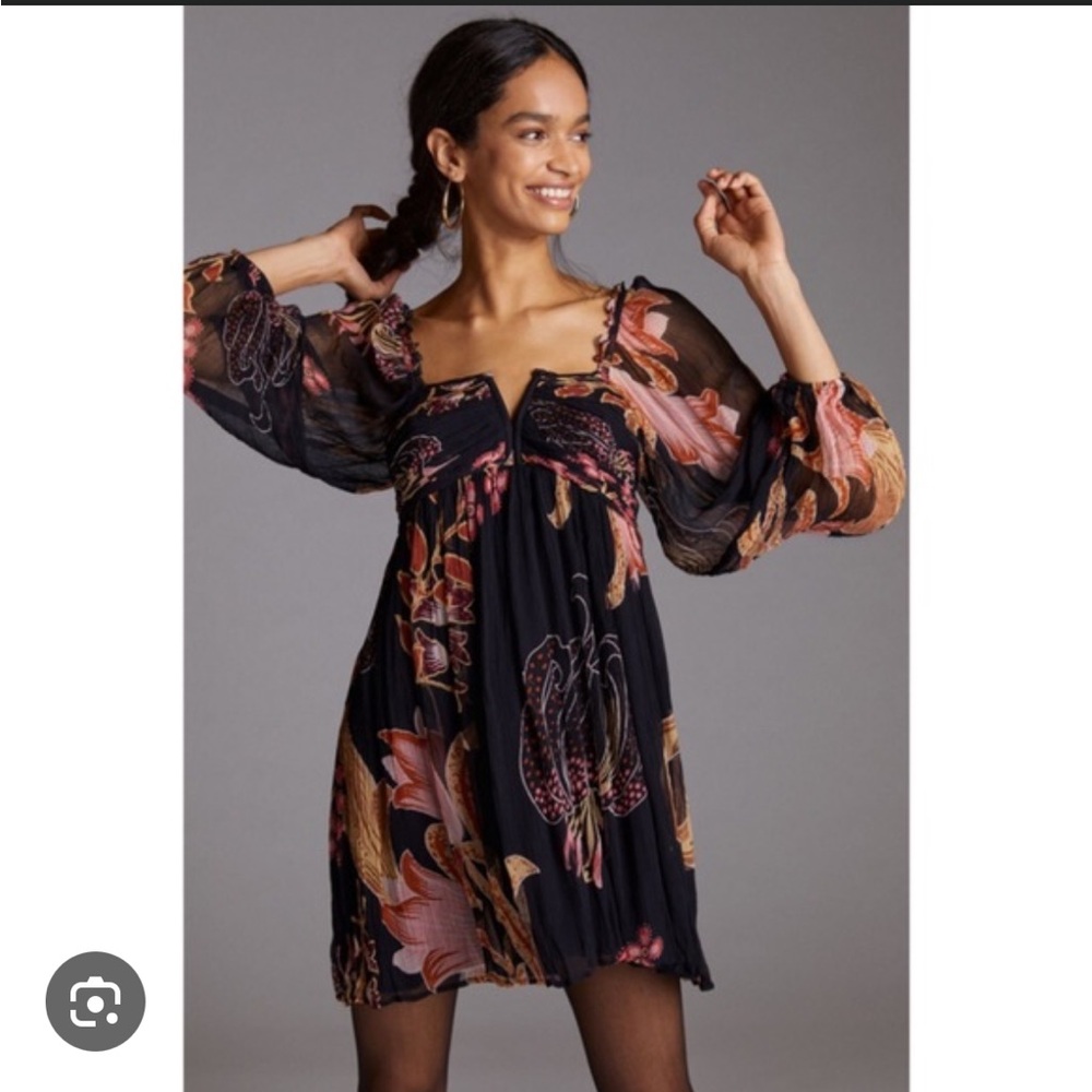 Anthropologie Black Floral Mini Dress with Pink and Gold Blooms